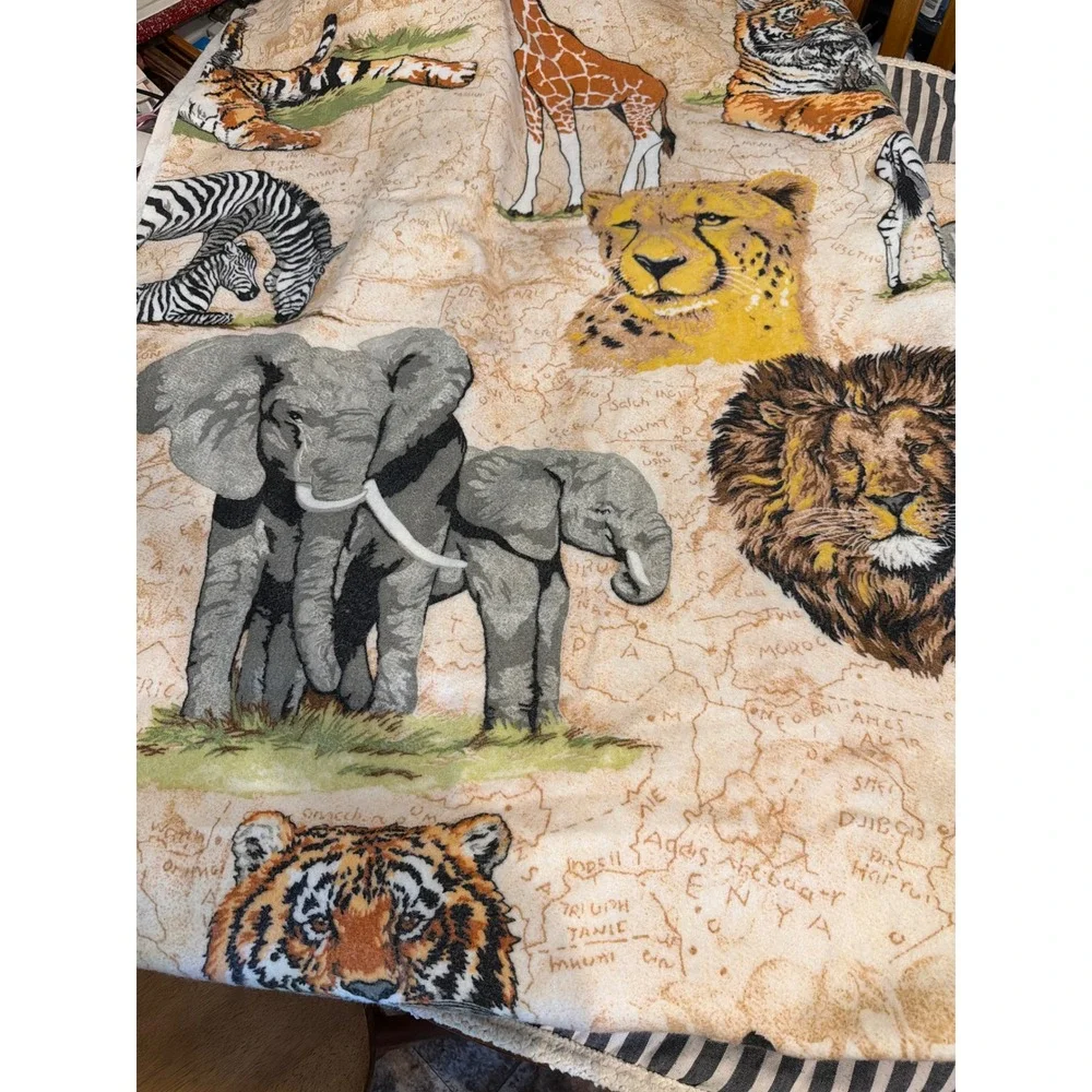 Vintage Safari Animal Map Fleece Throw Blanket Lion Elephant Tiger Made in USA